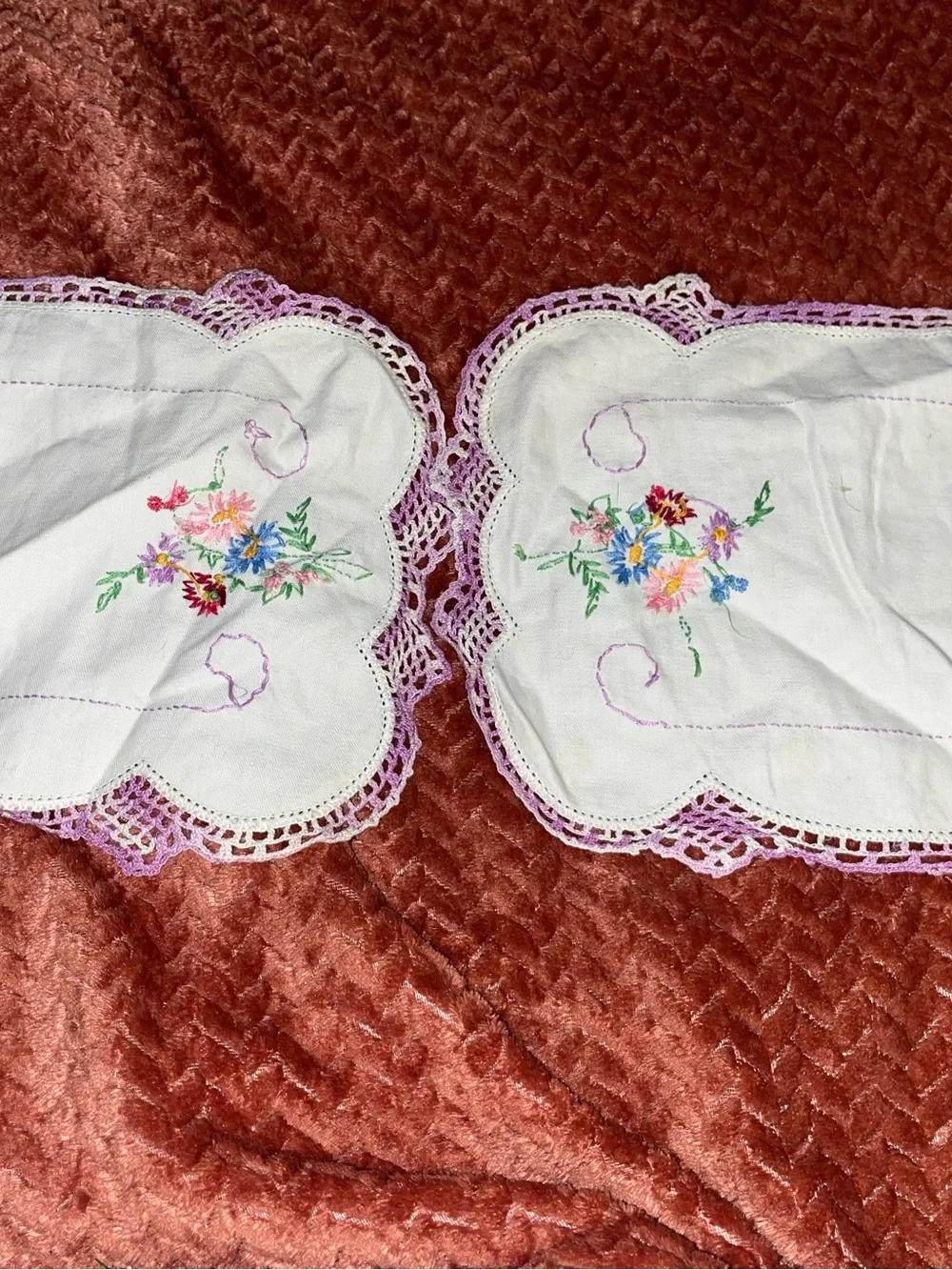 2 Vintage Embroidered Floral Doilies with Lavender Crochet Edge.